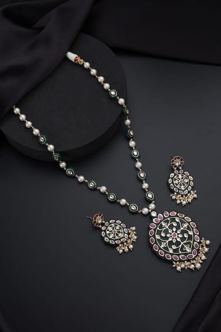 Shop_Swabhimann_Green Polki Inlay Long Necklace Set _at_Aza_Fashions