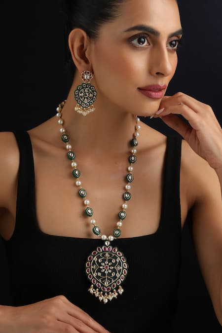 Swabhimann_Green Polki Inlay Long Necklace Set _Online_at_Aza_Fashions