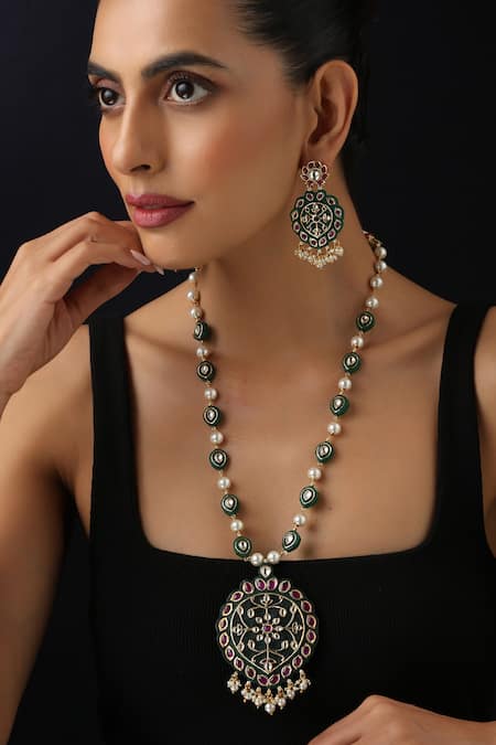 Buy_Swabhimann_Green Polki Inlay Long Necklace Set _Online_at_Aza_Fashions