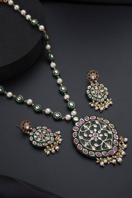 Shop_Swabhimann_Green Polki Inlay Long Necklace Set _Online_at_Aza_Fashions