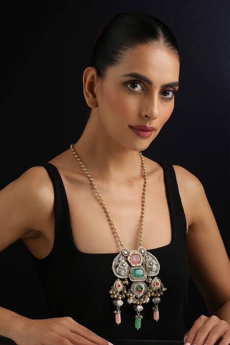 Swabhimann_Multi Color Multicolour Silver Pendant Necklace_Online_at_Aza_Fashions