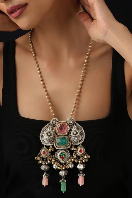 Shop_Swabhimann_Multi Color Multicolour Silver Pendant Necklace_Online_at_Aza_Fashions