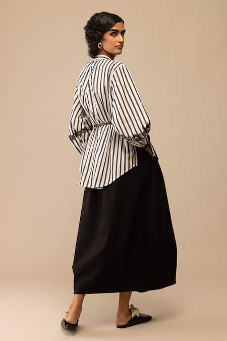 Bunka_Black Cotton Embroidery Round , Button-down Asha Stripe Pattern Shirt _Online_at_Aza_Fashions