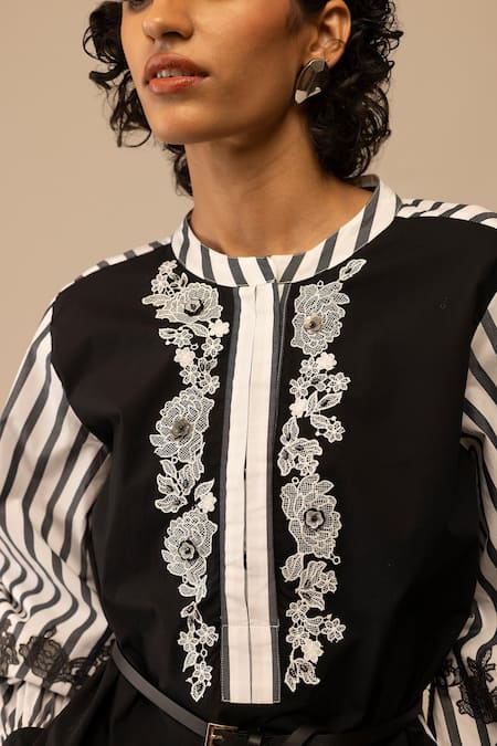 Buy_Bunka_Black Cotton Embroidery Round , Button-down Asha Stripe Pattern Shirt _Online_at_Aza_Fashions