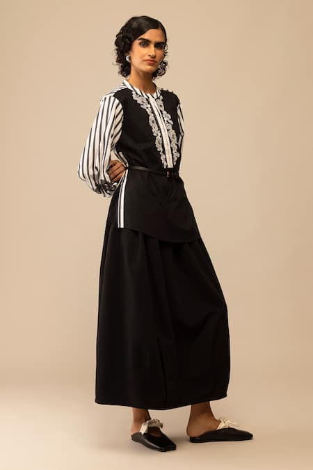 Bunka Black Cotton Embroidery Round , Button-down Asha Stripe Pattern Shirt
