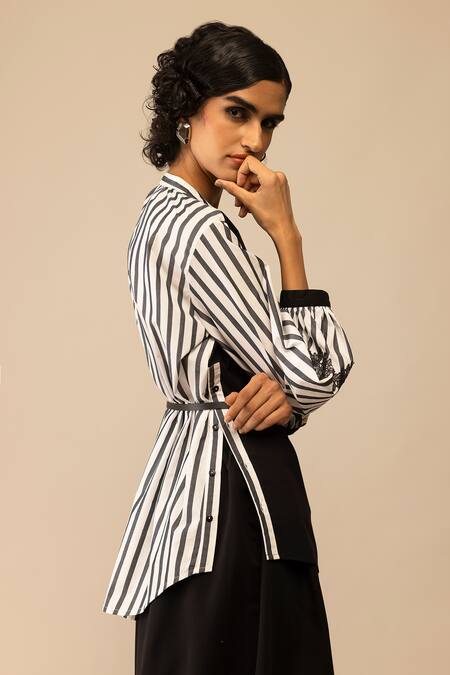 Shop_Bunka_Black Cotton Embroidery Round , Button-down Asha Stripe Pattern Shirt _Online_at_Aza_Fashions