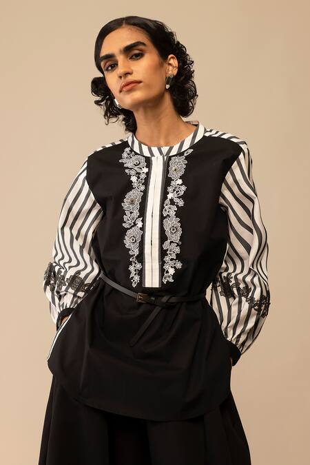 Bunka_Black Cotton Embroidery Round , Button-down Asha Stripe Pattern Shirt _at_Aza_Fashions