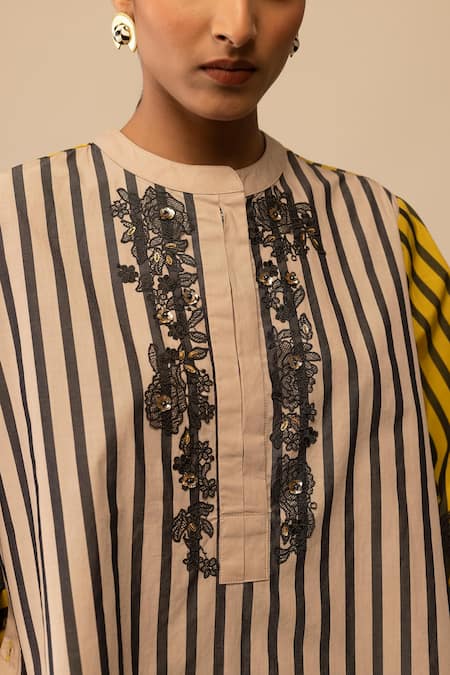 Bunka_Yellow Cotton Embroidery Round Neck Asha Stripe Pattern Shirt _Online_at_Aza_Fashions