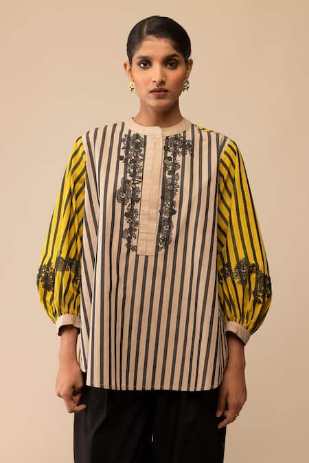 Bunka Yellow Cotton Embroidery Round Neck Asha Stripe Pattern Shirt