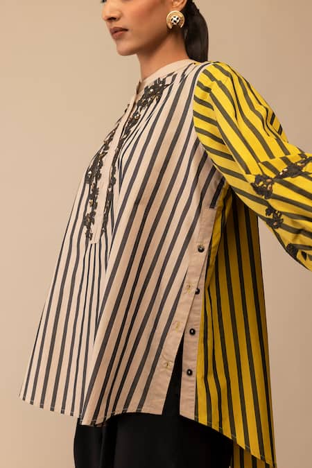 Shop_Bunka_Yellow Cotton Embroidery Round Neck Asha Stripe Pattern Shirt _Online_at_Aza_Fashions