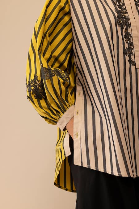 Bunka_Yellow Cotton Embroidery Round Neck Asha Stripe Pattern Shirt _at_Aza_Fashions
