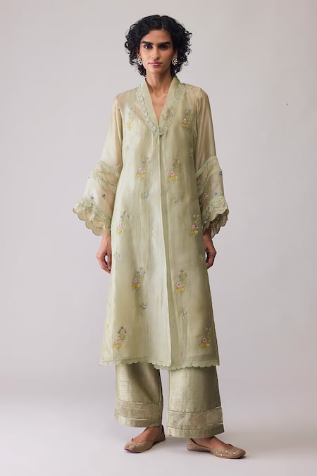 Bunka Green Organza Embroidery V-neck Ambreen Tunic With Pant
