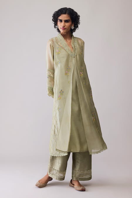 Bunka_Green Organza Embroidery V-neck Ambreen Tunic With Pant _Online_at_Aza_Fashions