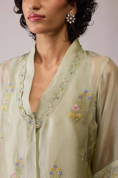 Buy_Bunka_Green Organza Embroidery V-neck Ambreen Tunic With Pant _Online_at_Aza_Fashions