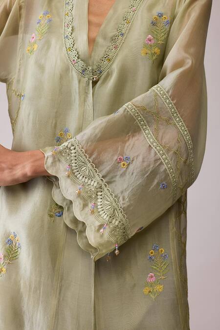 Shop_Bunka_Green Organza Embroidery V-neck Ambreen Tunic With Pant _Online_at_Aza_Fashions