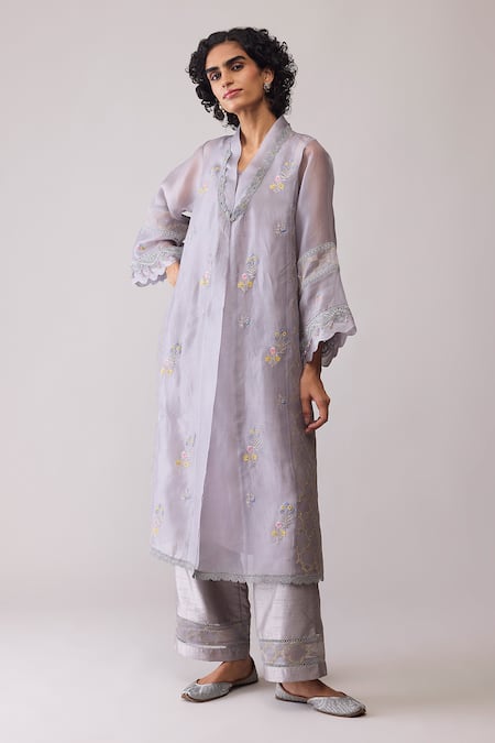 Bunka_Gray Organza Embroidery Mandarin Collar Ambreen Grey Tunic And Pant Set _Online_at_Aza_Fashions
