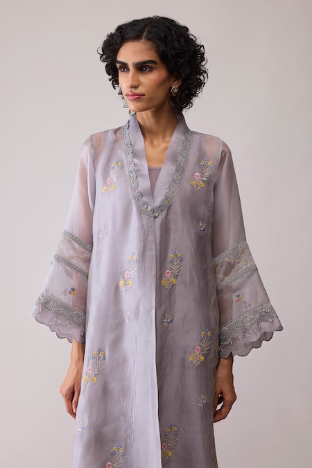 Buy_Bunka_Gray Organza Embroidery Mandarin Collar Ambreen Grey Tunic And Pant Set _Online_at_Aza_Fashions