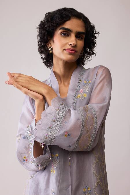 Shop_Bunka_Gray Organza Embroidery Mandarin Collar Ambreen Grey Tunic And Pant Set _Online_at_Aza_Fashions