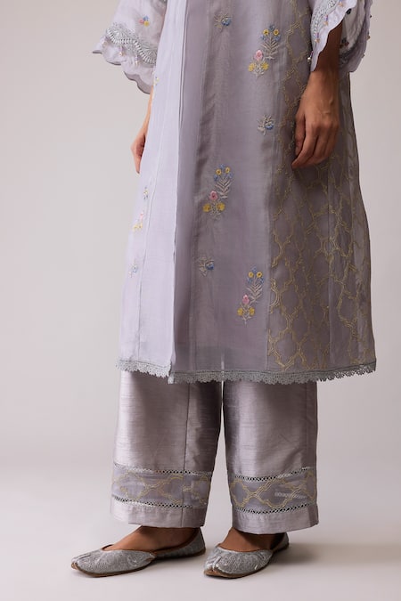 Bunka_Gray Organza Embroidery Mandarin Collar Ambreen Grey Tunic And Pant Set _at_Aza_Fashions