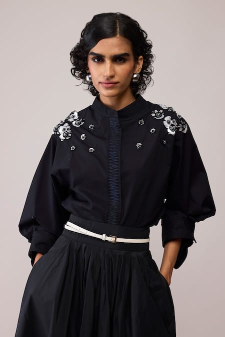 Bunka_Black Cotton Embroidery Collared Solid Ann Shirt _Online_at_Aza_Fashions