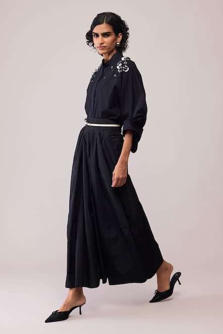 Buy_Bunka_Black Cotton Embroidery Collared Solid Ann Shirt _Online_at_Aza_Fashions