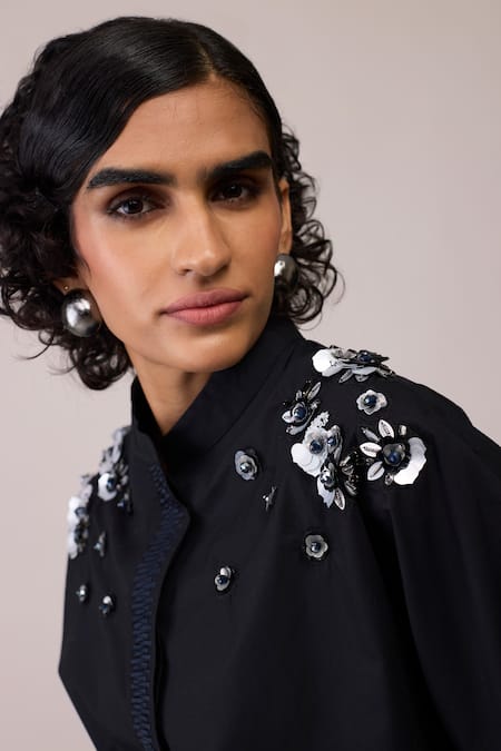 Shop_Bunka_Black Cotton Embroidery Collared Solid Ann Shirt _Online_at_Aza_Fashions