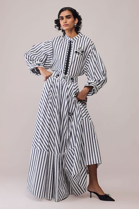 Bunka Black Cotton Collared Ann And White Shirt 