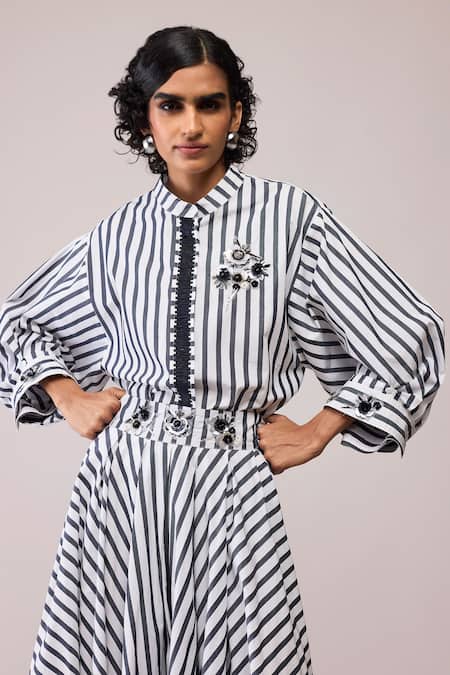 Bunka_Black Cotton Collared Ann And White Shirt _at_Aza_Fashions