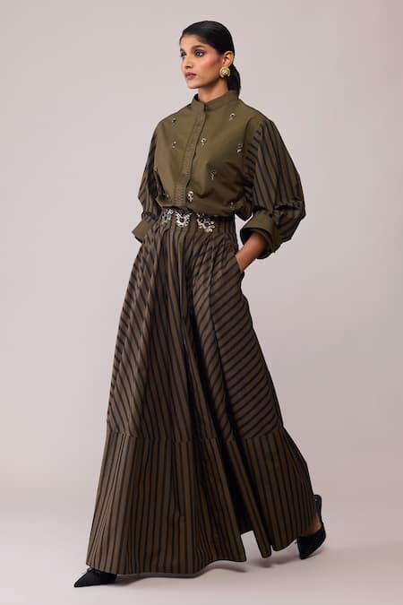 Bunka Olive Green Cotton Embroidery Mandarin Collar - Shirt Online at Aza Fashions Bunka_Olive Green Cotton Embroidery Mandarin Collar - Shirt _Online_at_Aza_Fashions