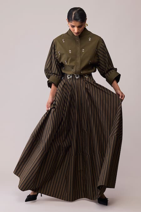 Buy Bunka Olive Green Cotton Embroidery Mandarin Collar - Shirt Online at Aza Fashions Buy_Bunka_Olive Green Cotton Embroidery Mandarin Collar - Shirt _Online_at_Aza_Fashions