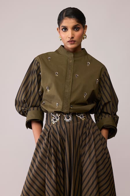 Shop Bunka Olive Green Cotton Embroidery Mandarin Collar - Shirt Online at Aza Fashions Shop_Bunka_Olive Green Cotton Embroidery Mandarin Collar - Shirt _Online_at_Aza_Fashions