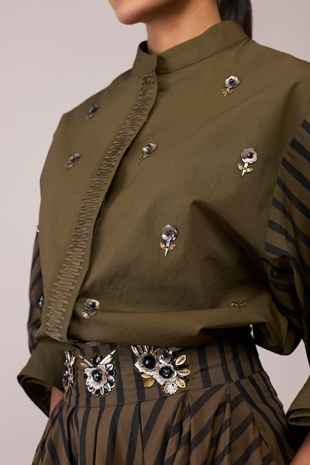 Bunka Olive Green Cotton Embroidery Mandarin Collar - Shirt at Aza Fashions Bunka_Olive Green Cotton Embroidery Mandarin Collar - Shirt _at_Aza_Fashions