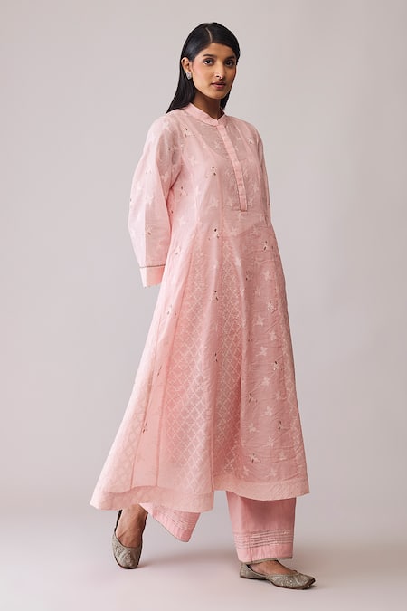 Bunka_Pink Chanderi Embroidery Mandarin Collar Ayesha Kurta Set _Online_at_Aza_Fashions