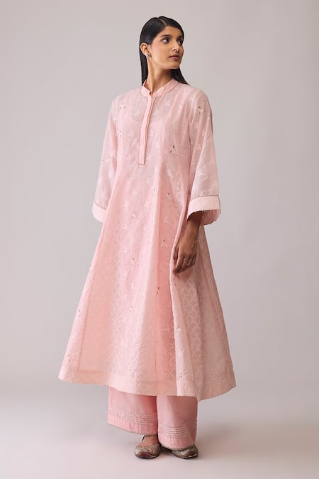 Buy_Bunka_Pink Chanderi Embroidery Mandarin Collar Ayesha Kurta Set _Online_at_Aza_Fashions