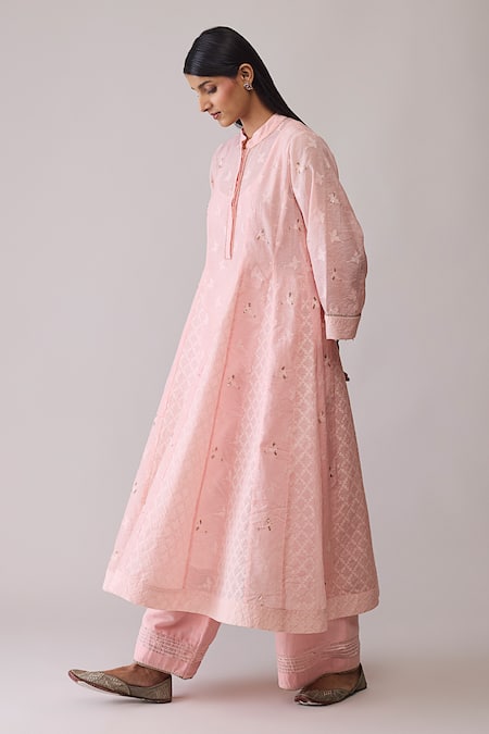 Shop_Bunka_Pink Chanderi Embroidery Mandarin Collar Ayesha Kurta Set _Online_at_Aza_Fashions