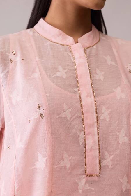 Bunka_Pink Chanderi Embroidery Mandarin Collar Ayesha Kurta Set _at_Aza_Fashions