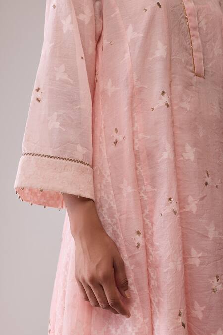 Shop_Bunka_Pink Chanderi Embroidery Mandarin Collar Ayesha Kurta Set 