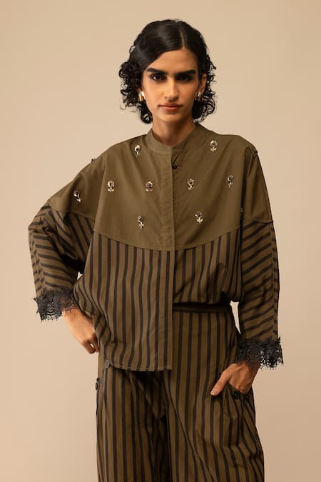 Bunka_Brown Cotton Embroidery Mandarin Collar Emma Striped Olive Shirt _Online_at_Aza_Fashions