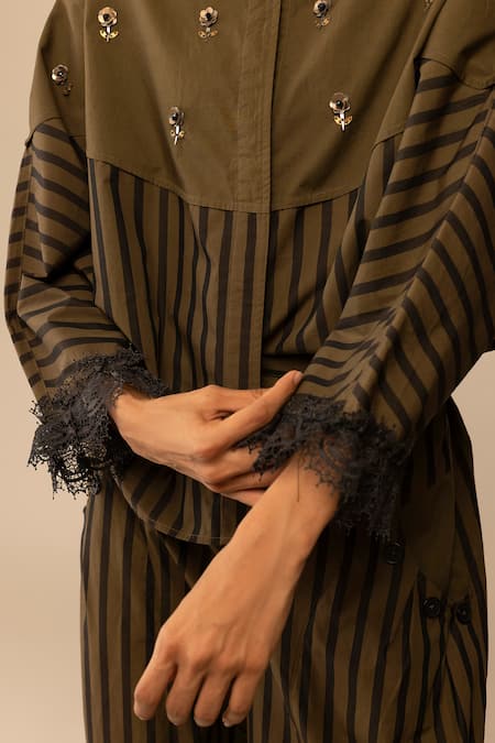 Buy_Bunka_Brown Cotton Embroidery Mandarin Collar Emma Striped Olive Shirt _Online_at_Aza_Fashions