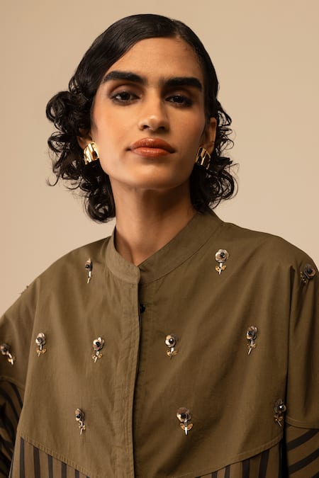 Shop_Bunka_Brown Cotton Embroidery Mandarin Collar Emma Striped Olive Shirt _Online_at_Aza_Fashions