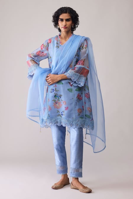 Bunka Blue Organza Lace Round Neck Farida Print Kurta Set