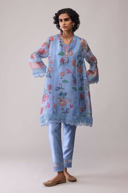 Bunka_Blue Organza Lace Round Neck Farida Print Kurta Set _Online_at_Aza_Fashions