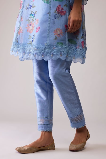 Buy_Bunka_Blue Organza Lace Round Neck Farida Print Kurta Set _Online_at_Aza_Fashions