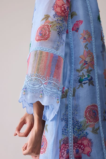 Shop_Bunka_Blue Organza Lace Round Neck Farida Print Kurta Set _Online_at_Aza_Fashions