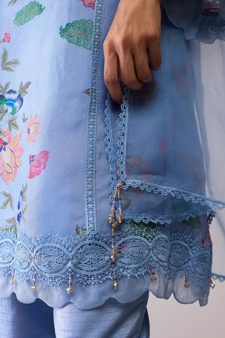 Bunka_Blue Organza Lace Round Neck Farida Print Kurta Set _at_Aza_Fashions