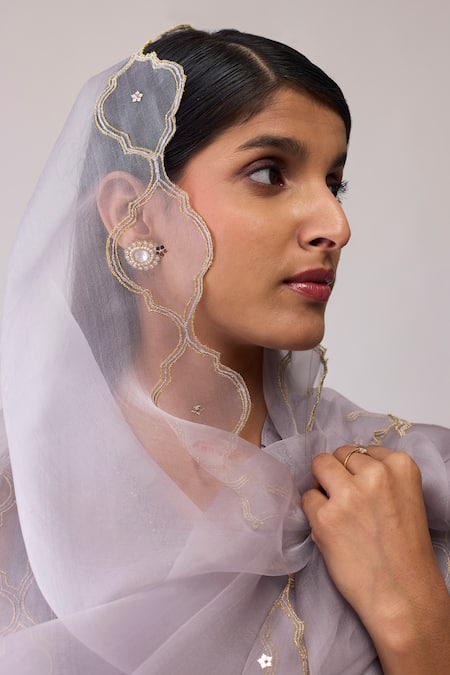 Bunka_Gray Organza Embroidery, Beads Round Neck Farida Grey Kurta Set _Online_at_Aza_Fashions