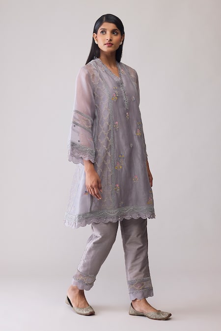 Buy_Bunka_Gray Organza Embroidery, Beads Round Neck Farida Grey Kurta Set _Online_at_Aza_Fashions