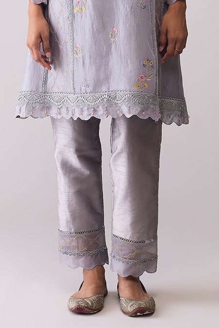 Shop_Bunka_Gray Organza Embroidery, Beads Round Neck Farida Grey Kurta Set _Online_at_Aza_Fashions