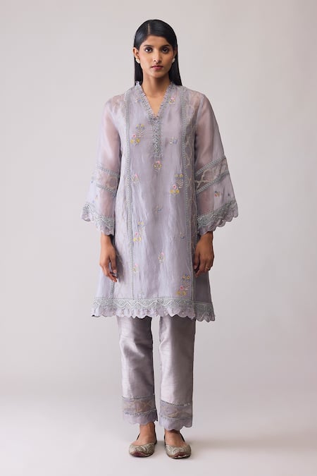 Bunka_Gray Organza Embroidery, Beads Round Neck Farida Grey Kurta Set _at_Aza_Fashions