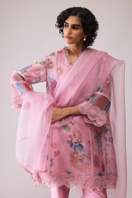 Bunka_Pink Organza Embroidery, Lace V-neck Farida Print Kurta Set _Online_at_Aza_Fashions